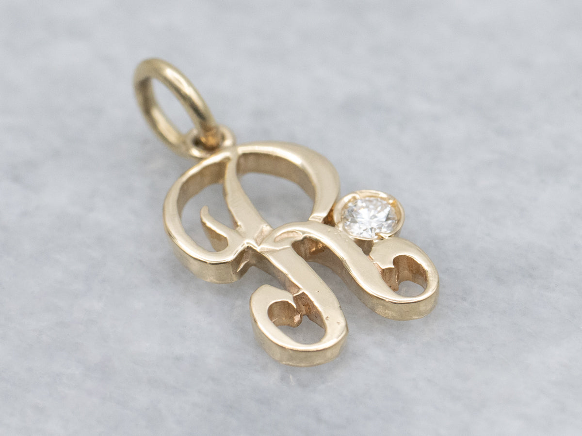 Diamond Cursive Initial "R" Yellow Gold Pendant