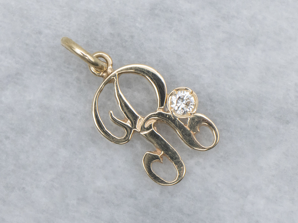 Diamond Cursive Initial "R" Yellow Gold Pendant