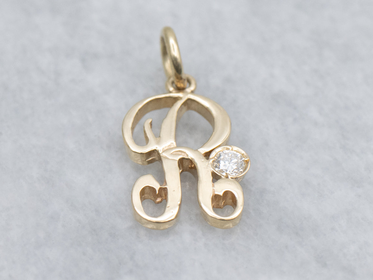 Diamond Cursive Initial "R" Yellow Gold Pendant