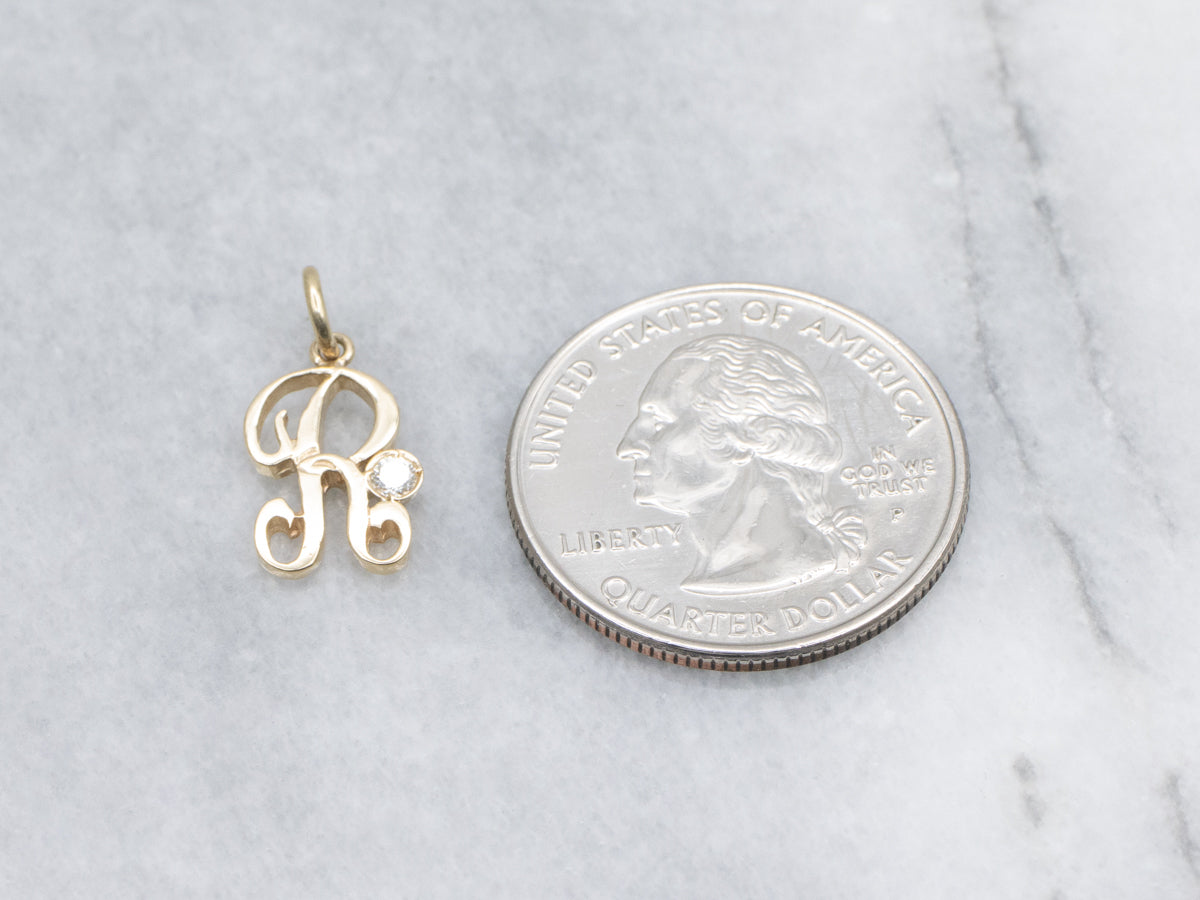 Diamond Cursive Initial "R" Yellow Gold Pendant
