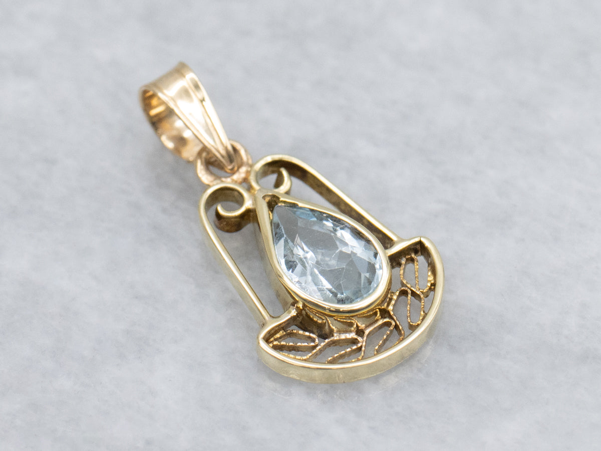 Pear-Cut Aquamarine and Gold Filigree Stickpin Conversion Pendant