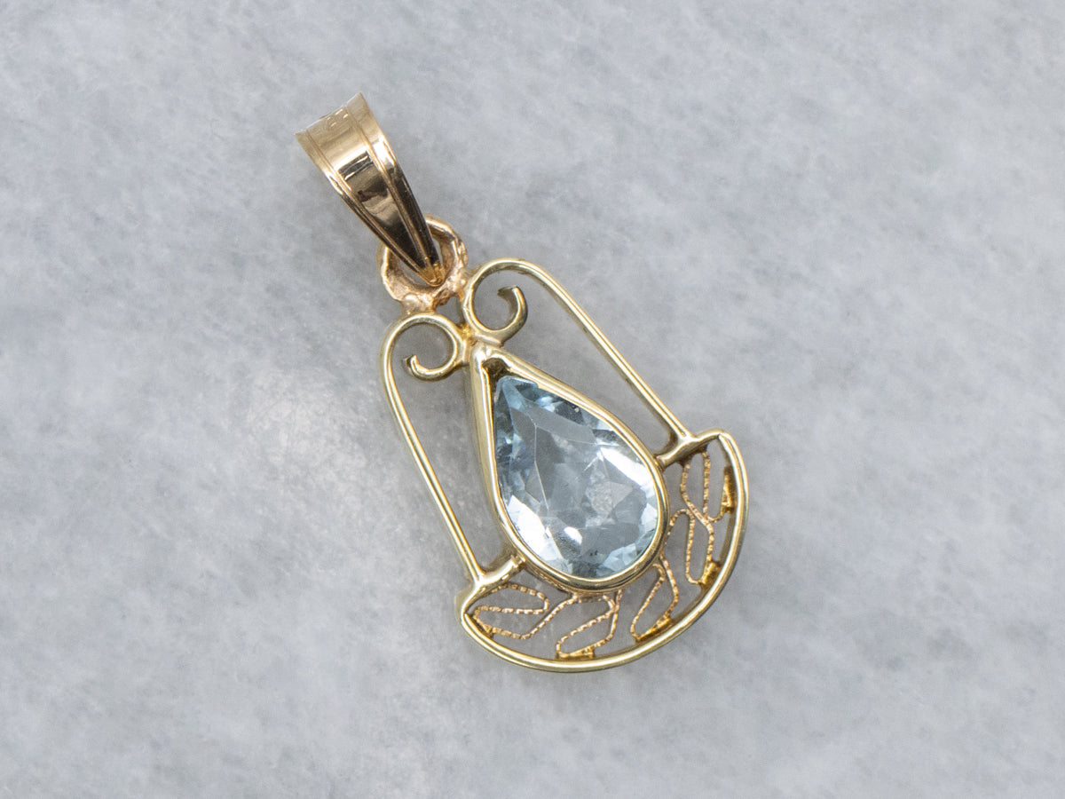 Pear-Cut Aquamarine and Gold Filigree Stickpin Conversion Pendant