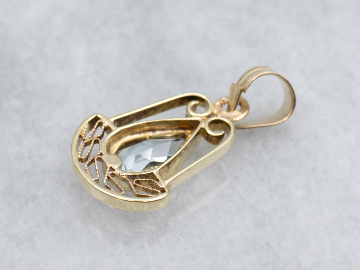 Pear-Cut Aquamarine and Gold Filigree Stickpin Conversion Pendant