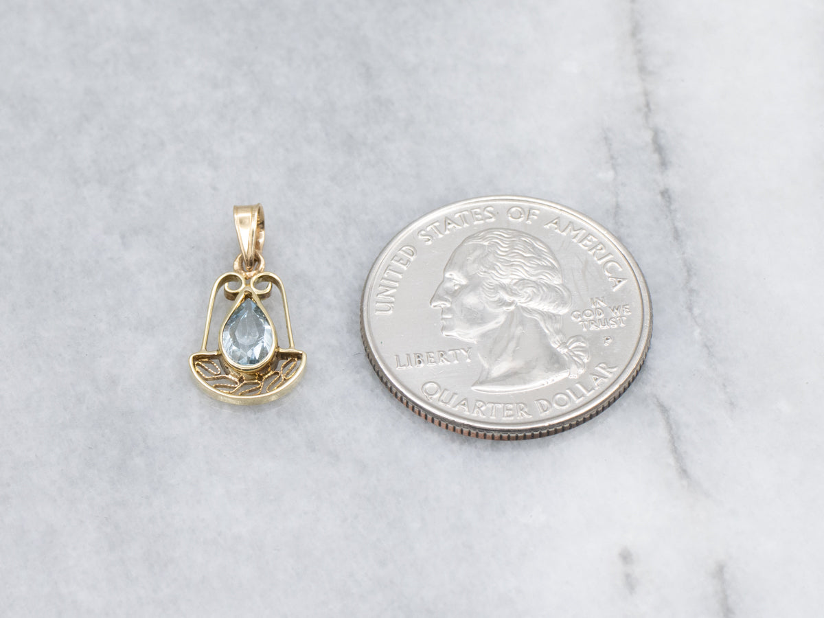 Pear-Cut Aquamarine and Gold Filigree Stickpin Conversion Pendant