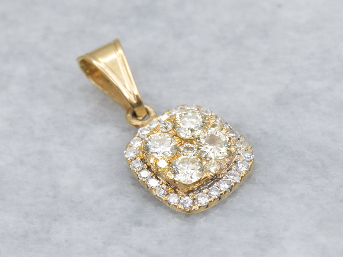 Yellow and Brilliant Diamond Cluster Two-Tone Gold Pendant