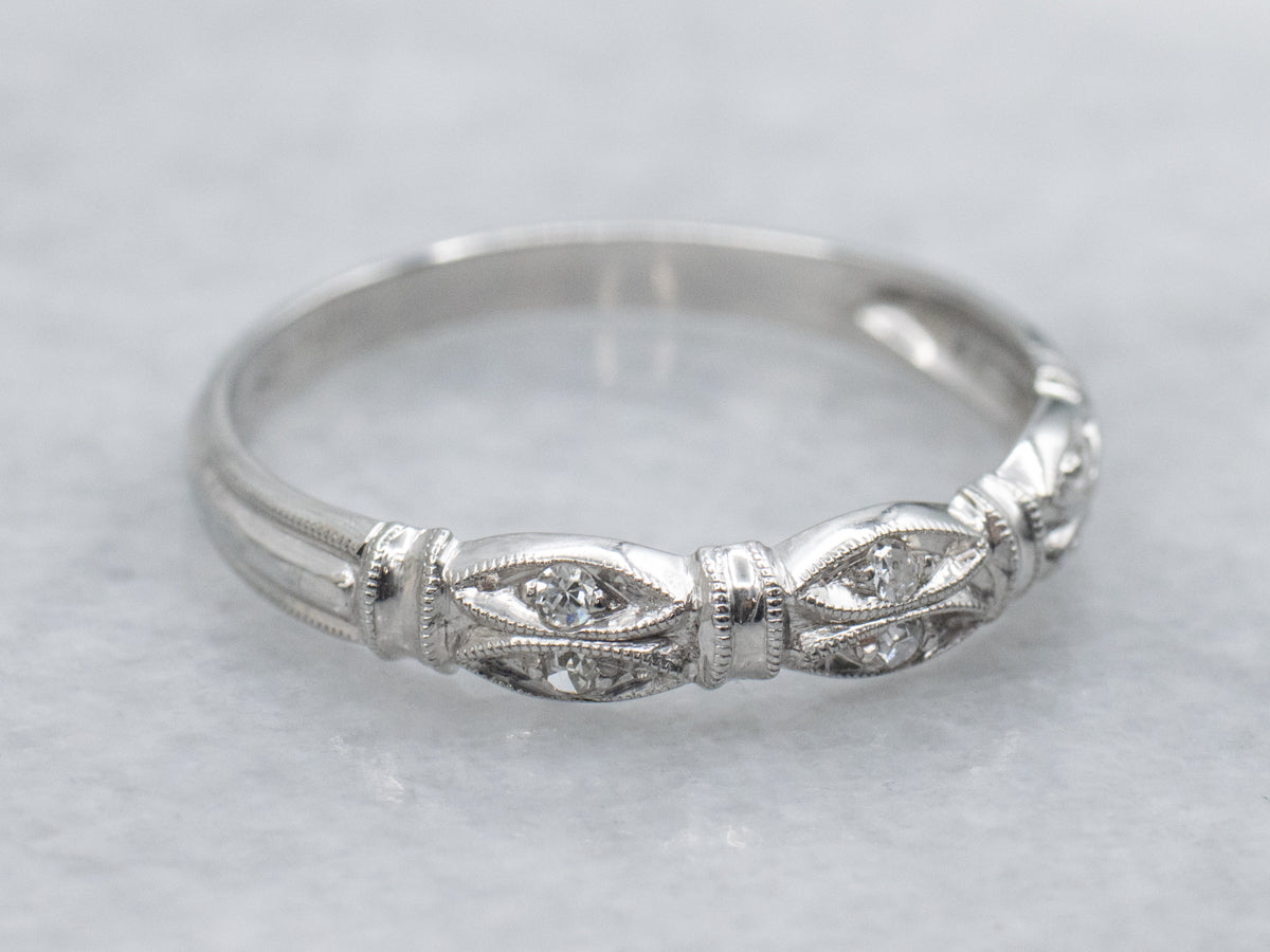 Vintage Diamond White Gold Milgrain Wedding Band