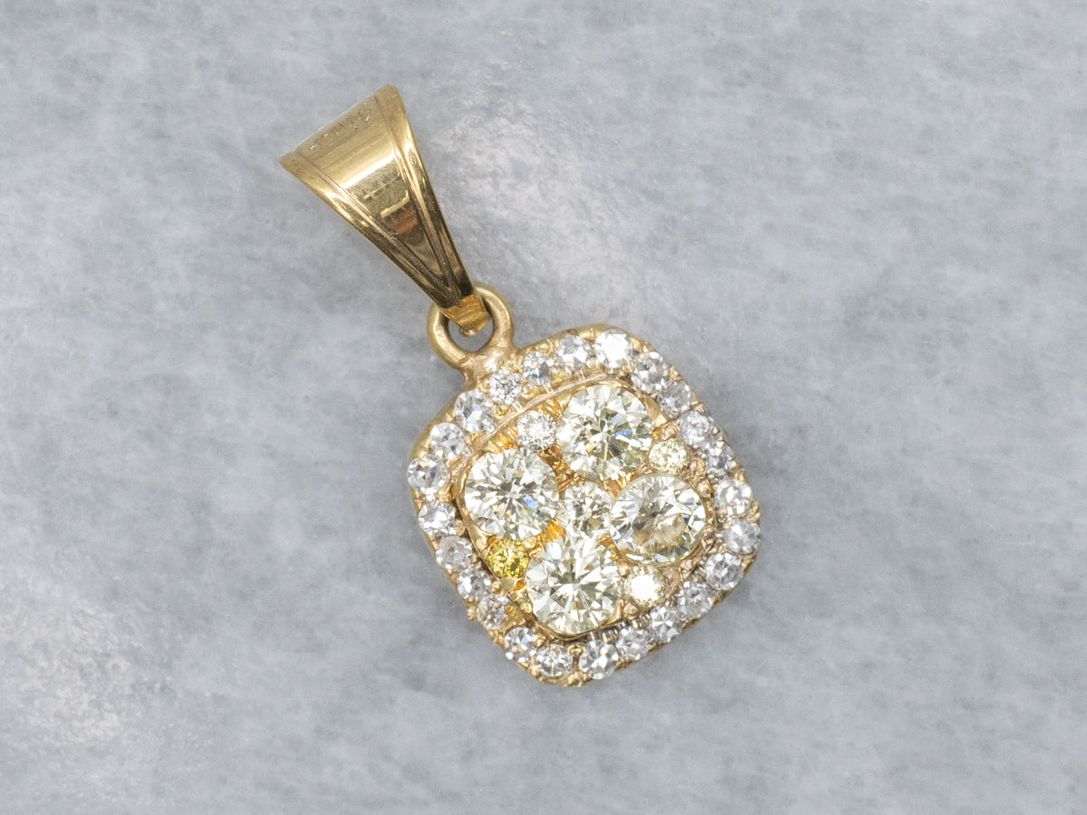Yellow and Brilliant Diamond Cluster Two-Tone Gold Pendant