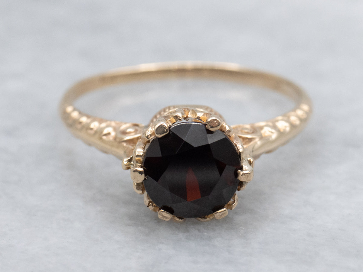Deep Red Garnet Engraved Gold Solitaire Ring