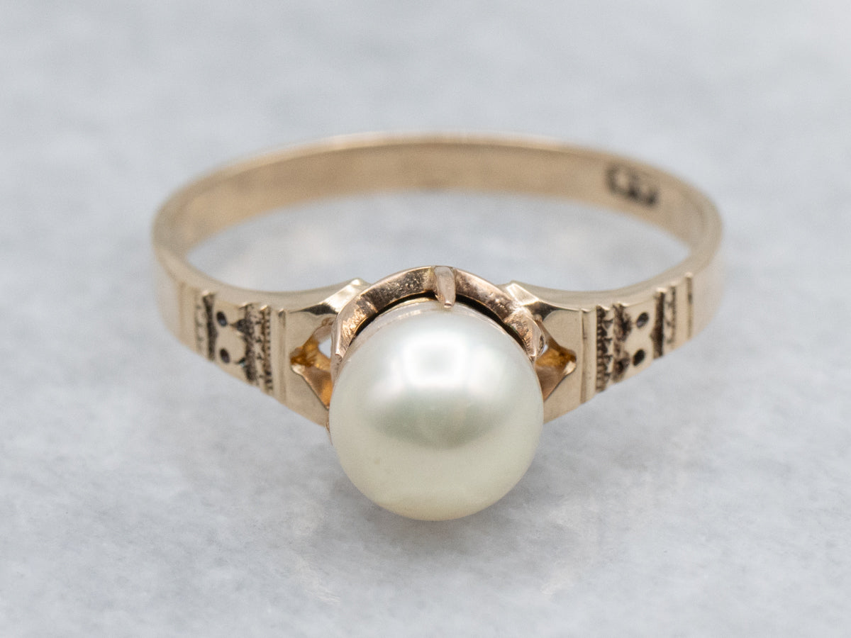 Victorian Pearl Engraved Gold Solitaire Ring