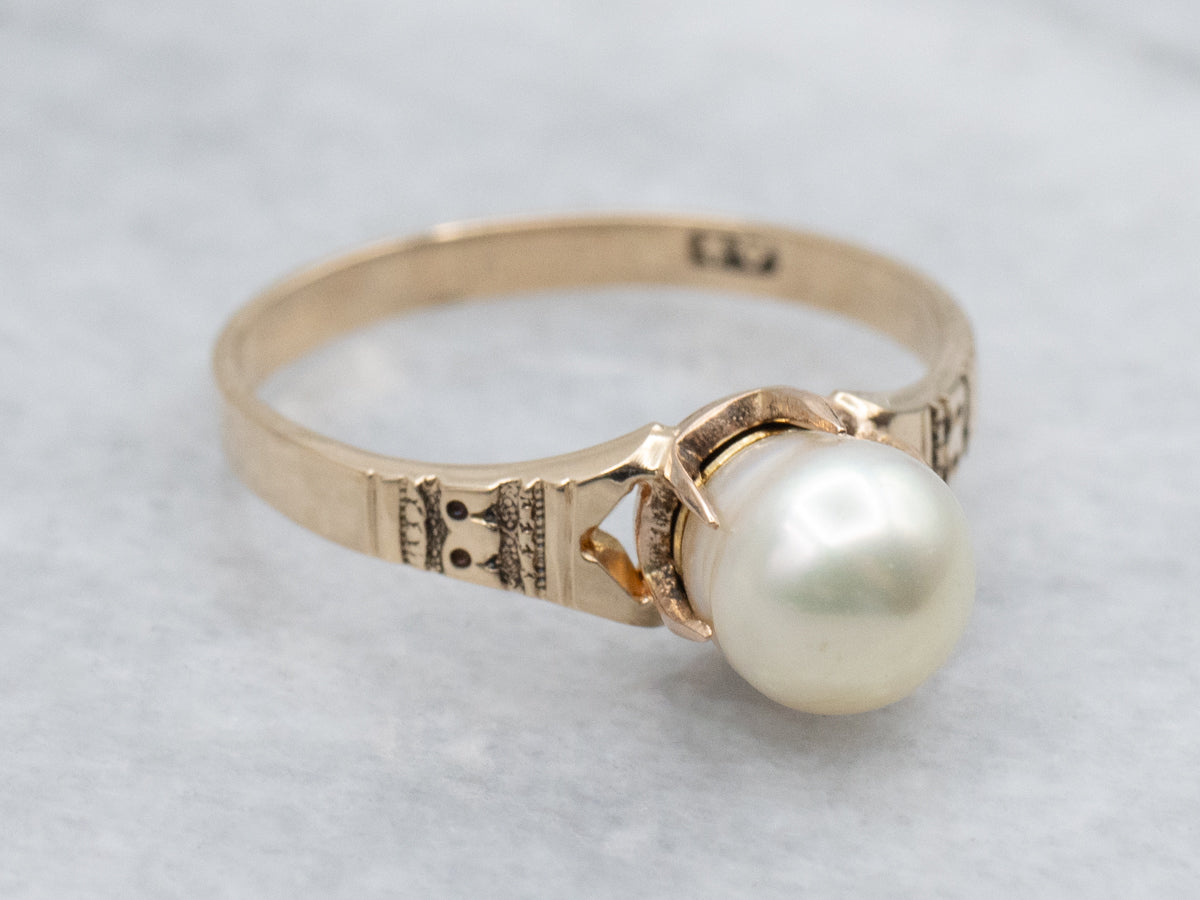 Victorian Pearl Engraved Gold Solitaire Ring