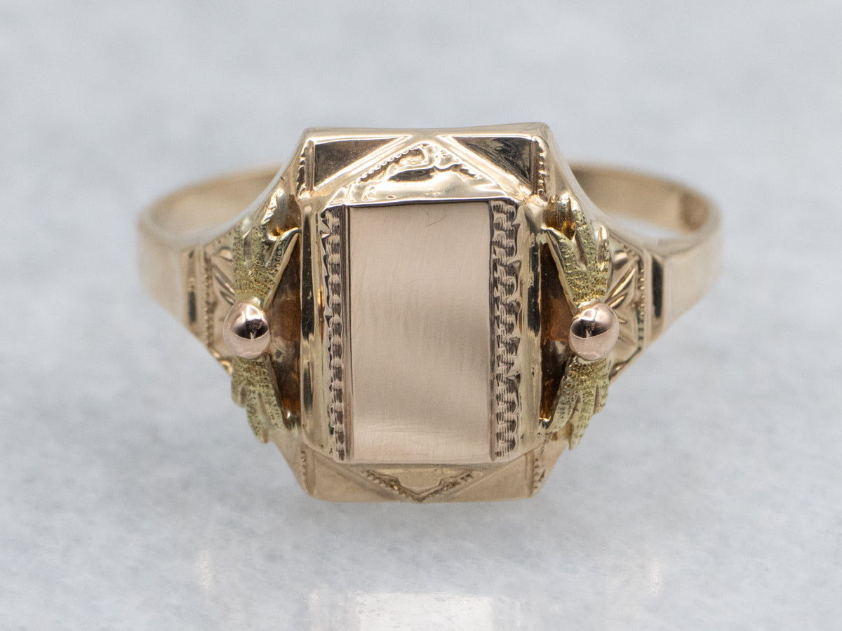 Vintage Rectangular-Top Two Tone Signet Ring