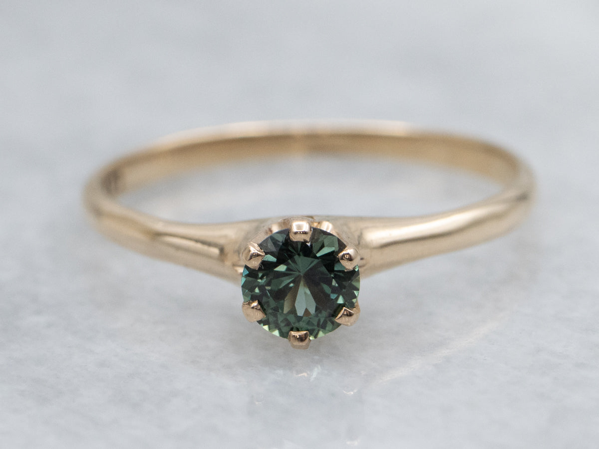 Deep-Green Sapphire Antique Gold Solitaire Ring