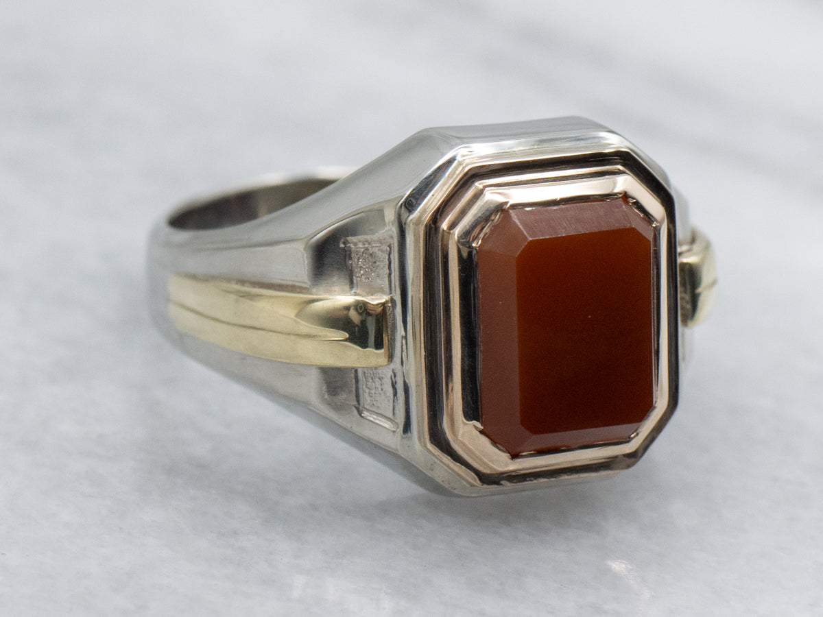 Men's Cushion-Cut Carnelian Tri-Color Gold Statement Ring