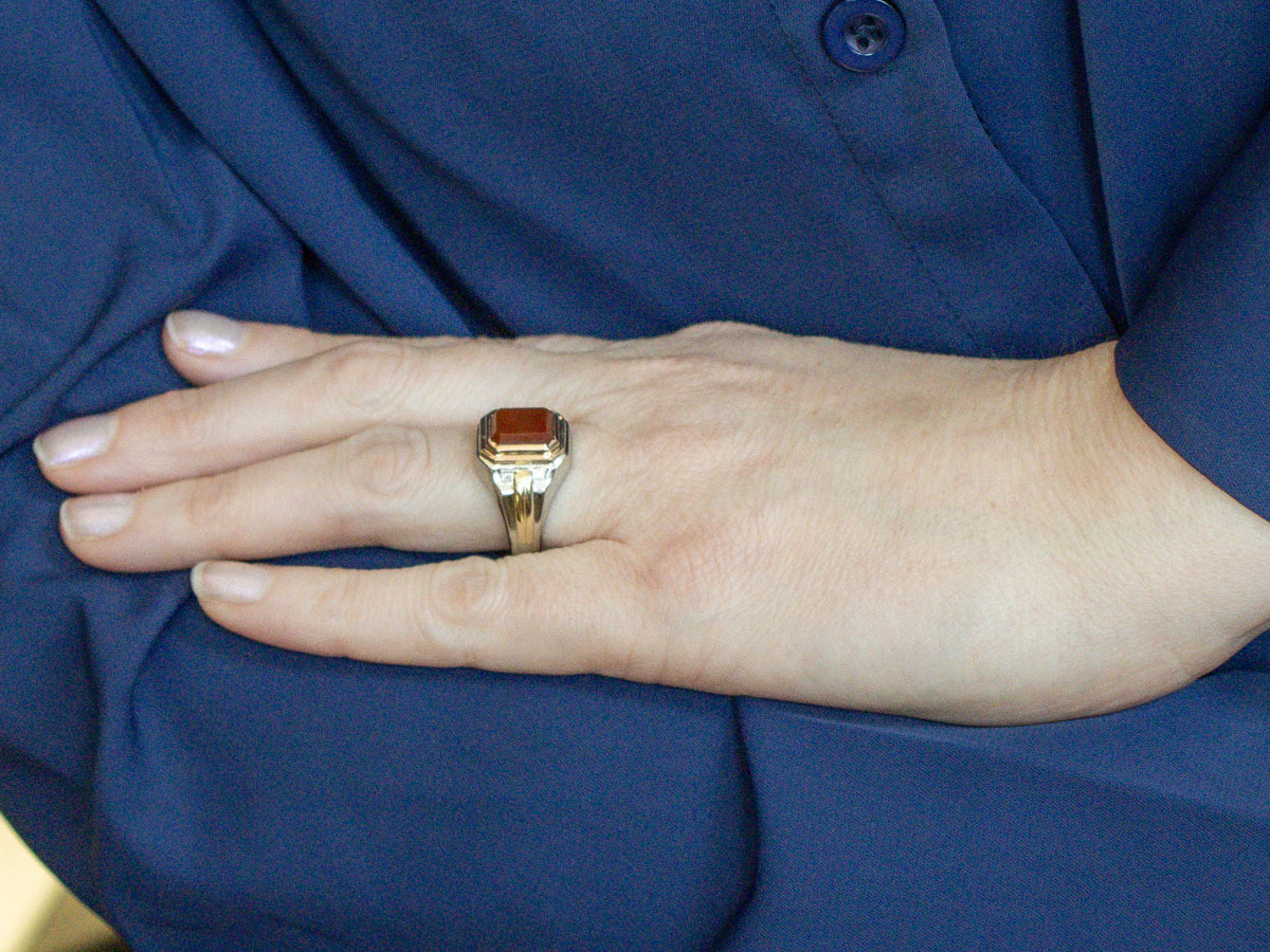 Men's Cushion-Cut Carnelian Tri-Color Gold Statement Ring