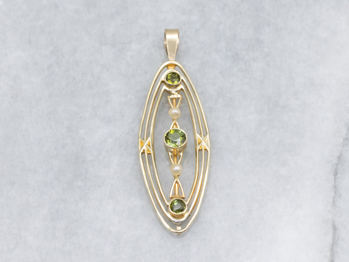 Antique Green Tourmaline and Seed Pearl Elongated Gold Pin Conversion Pendant