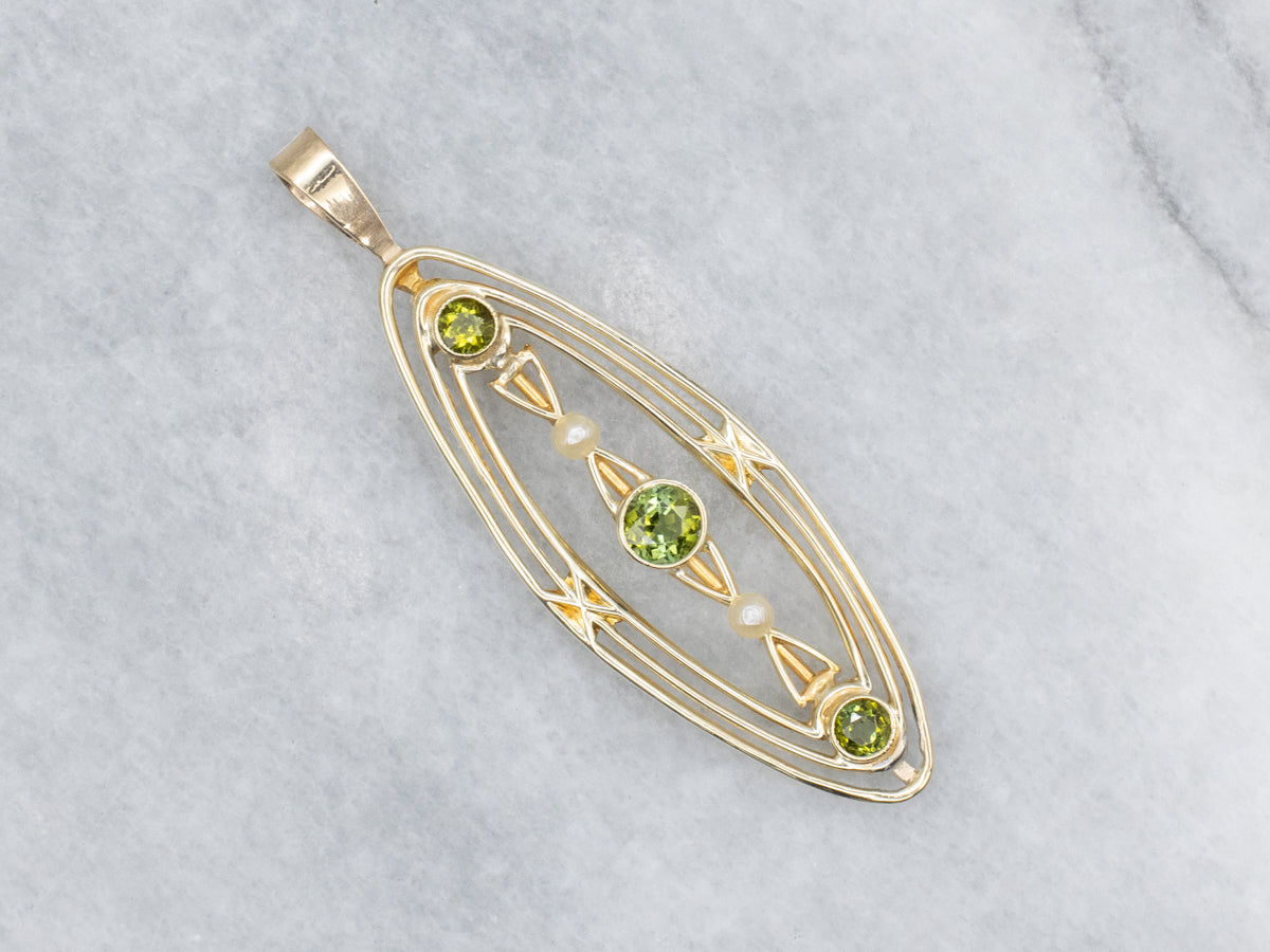 Antique Green Tourmaline and Seed Pearl Elongated Gold Pin Conversion Pendant