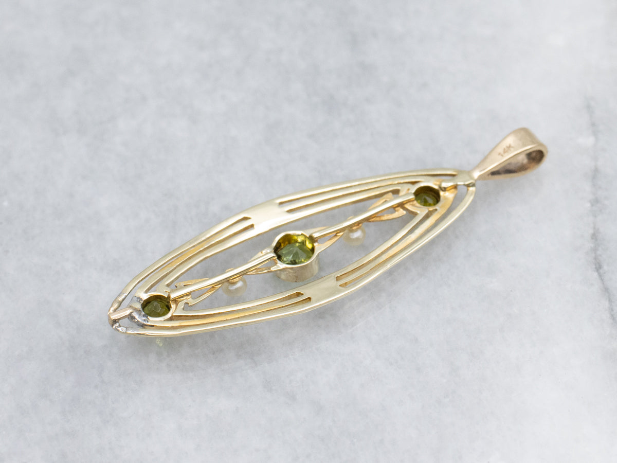 Antique Green Tourmaline and Seed Pearl Elongated Gold Pin Conversion Pendant