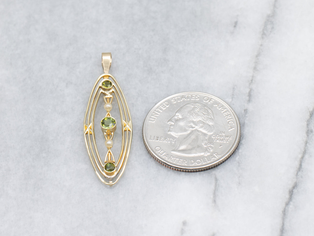 Antique Green Tourmaline and Seed Pearl Elongated Gold Pin Conversion Pendant