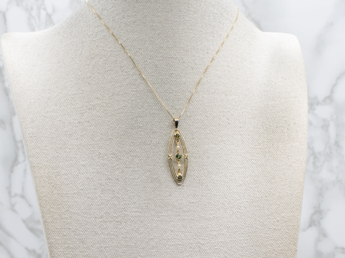 Antique Green Tourmaline and Seed Pearl Elongated Gold Pin Conversion Pendant