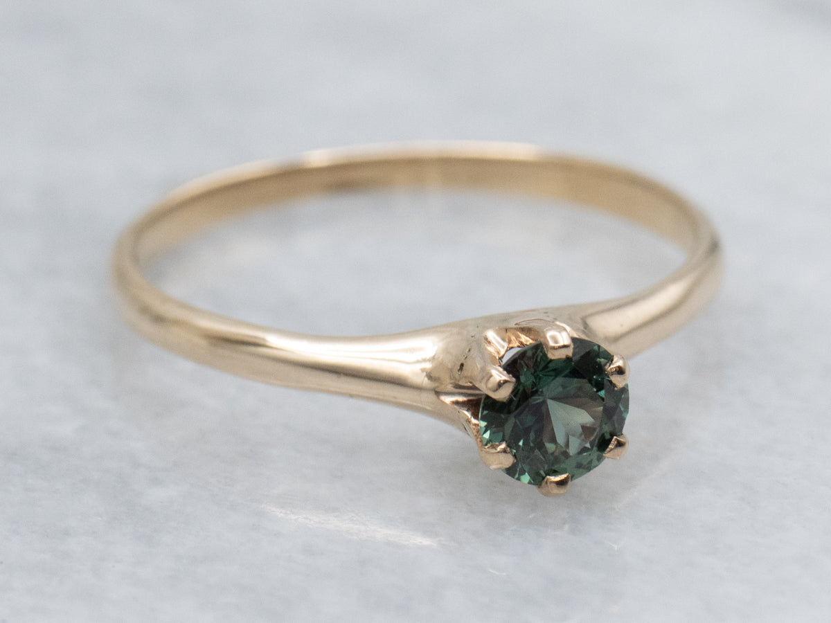 Deep-Green Sapphire Antique Gold Solitaire Ring