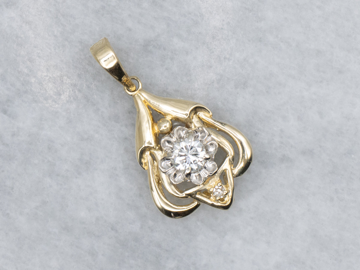 Floral Two-Tone Gold Diamond Stickpin Conversion Pendant
