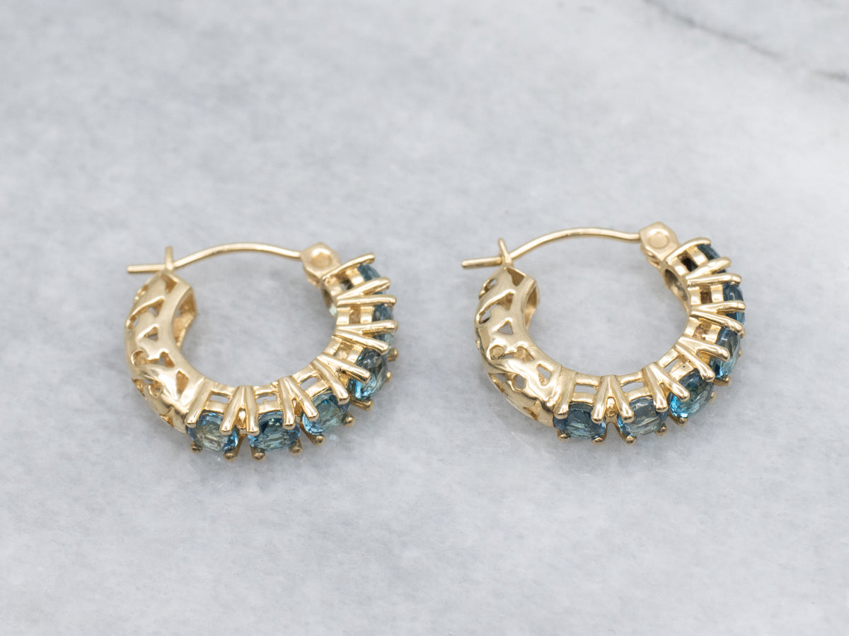 Bright Blue Topaz and Gold Gemstone Hoop Earrings