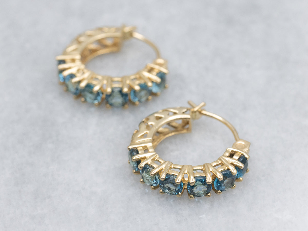 Bright Blue Topaz and Gold Gemstone Hoop Earrings
