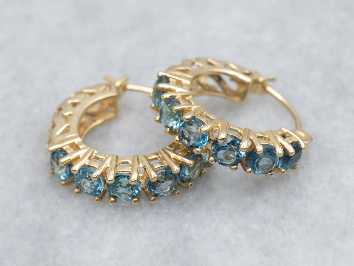 Bright Blue Topaz and Gold Gemstone Hoop Earrings