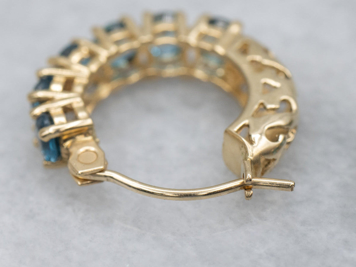 Bright Blue Topaz and Gold Gemstone Hoop Earrings