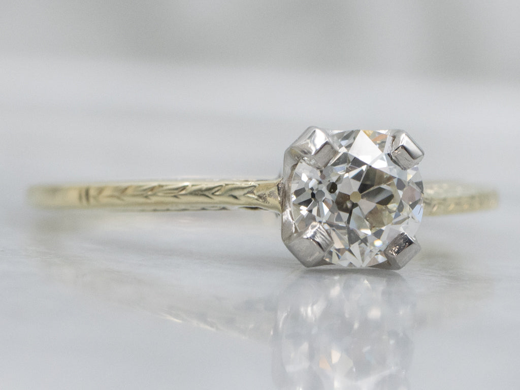 Antique Old Mine Cut Diamond Solitaire Engagement Ring with Wheat Pattern