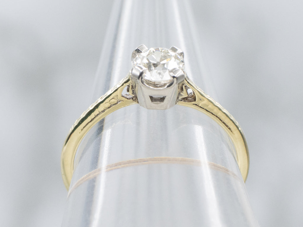 Antique Old Mine Cut Diamond Solitaire Engagement Ring with Wheat Pattern