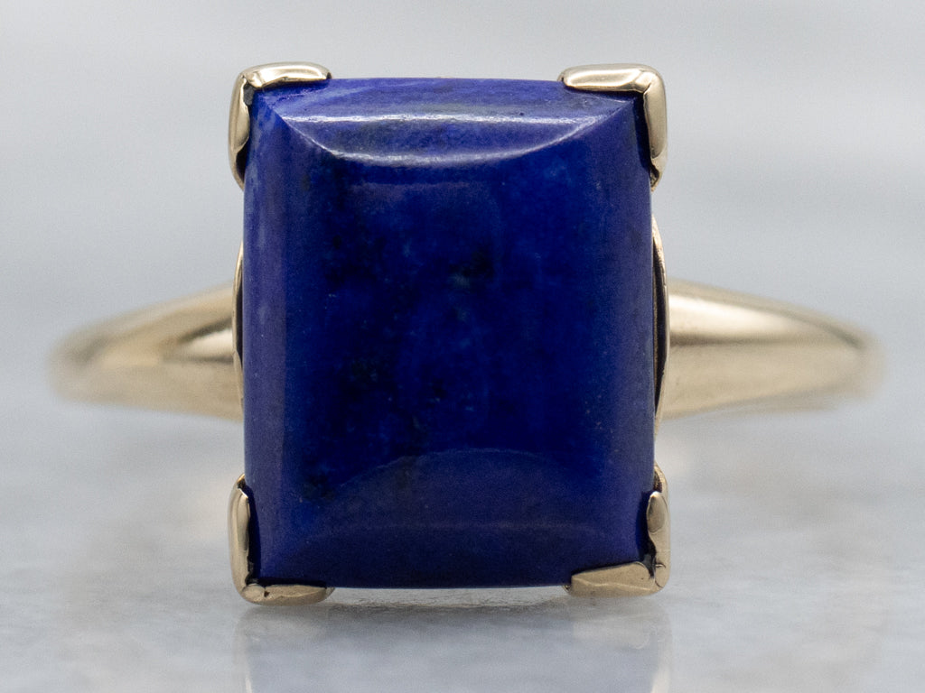 Yellow Gold and Lapis Cabochon Retro Era Solitaire Ring