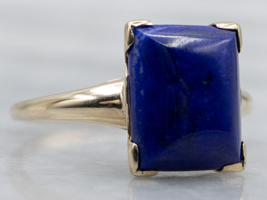 Yellow Gold and Lapis Cabochon Retro Era Solitaire Ring