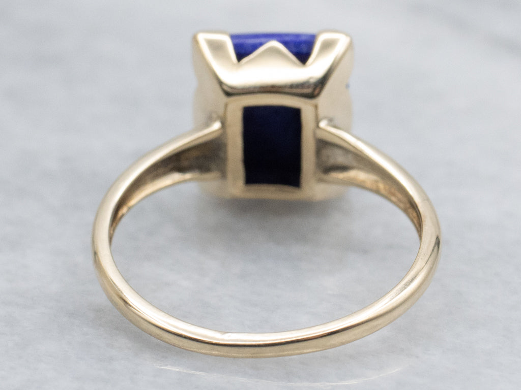 Yellow Gold and Lapis Cabochon Retro Era Solitaire Ring