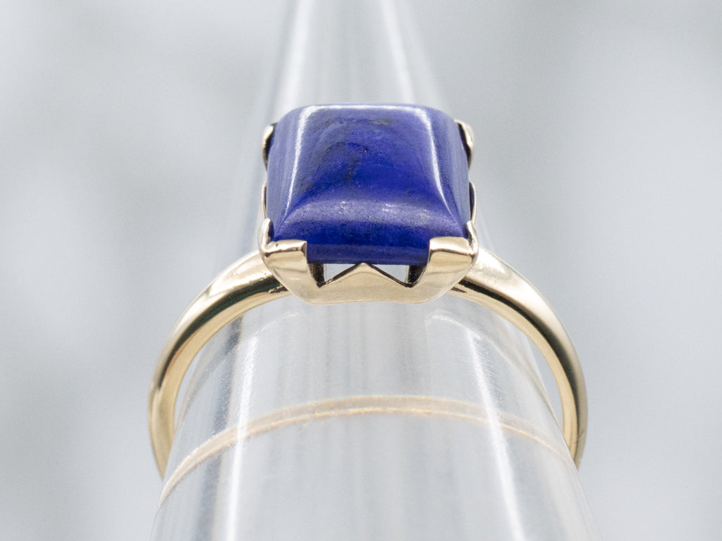 Yellow Gold and Lapis Cabochon Retro Era Solitaire Ring