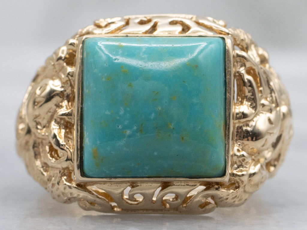 Turquoise and Gold Statement Ring with Etched Dragon Details