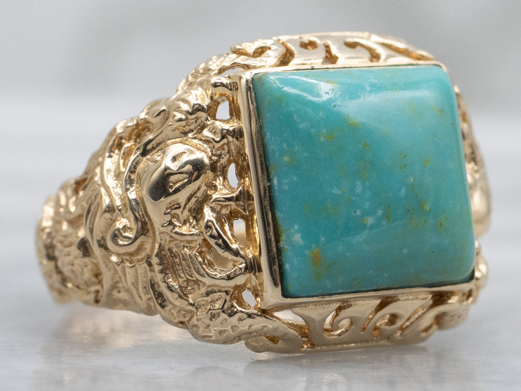 Turquoise and Gold Statement Ring with Etched Dragon Details