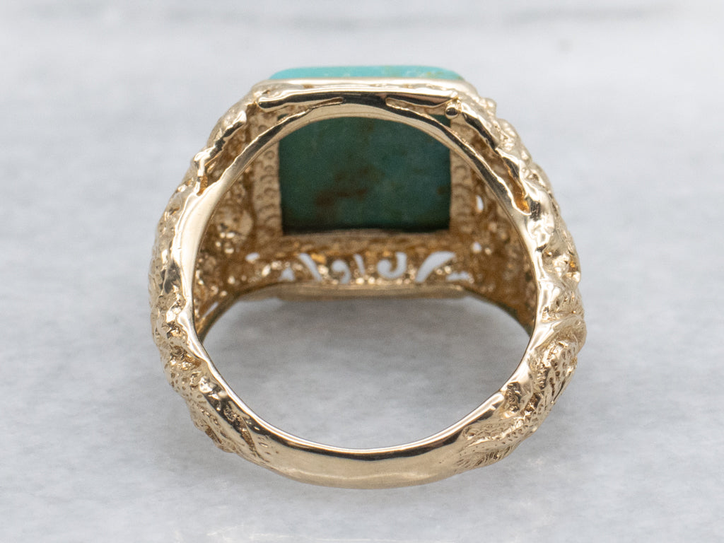 Turquoise and Gold Statement Ring with Etched Dragon Details