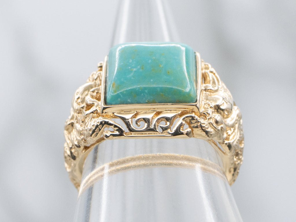 Turquoise and Gold Statement Ring with Etched Dragon Details