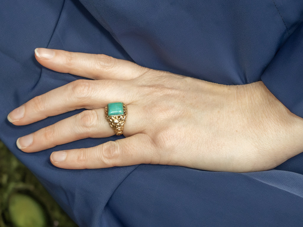 Turquoise and Gold Statement Ring with Etched Dragon Details