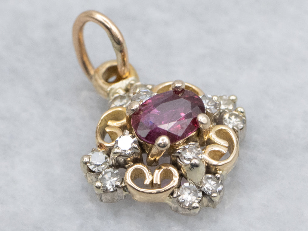 Vintage Gold East-to-West Set Ruby and Diamond Pendant