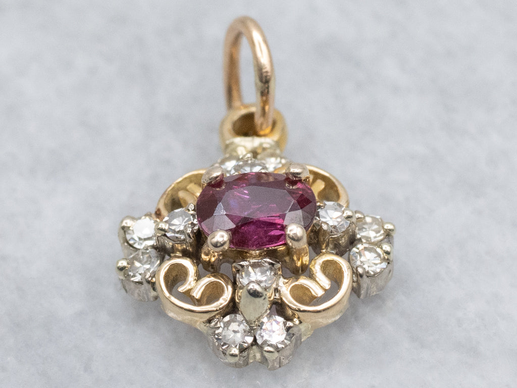 Vintage Gold East-to-West Set Ruby and Diamond Pendant