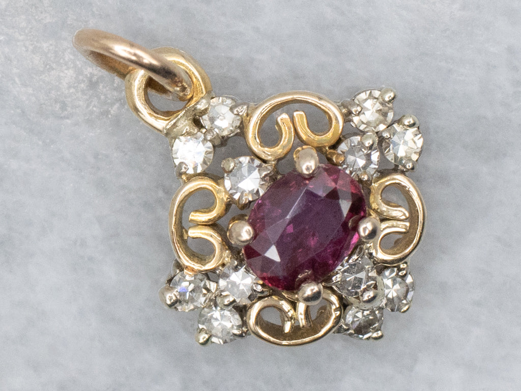 Vintage Gold East-to-West Set Ruby and Diamond Pendant