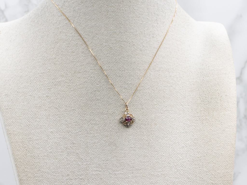 Vintage Gold East-to-West Set Ruby and Diamond Pendant
