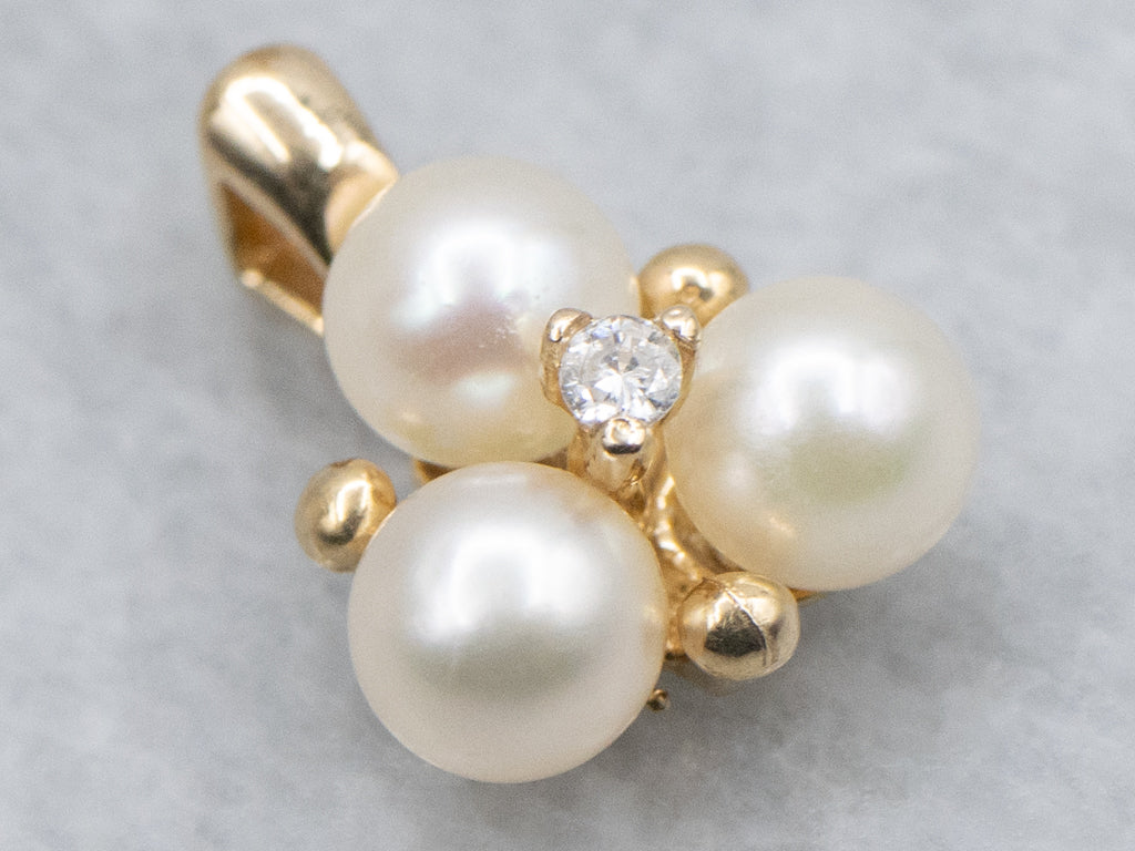 Triple Saltwater Pearl and Diamond Yellow Gold Pendant