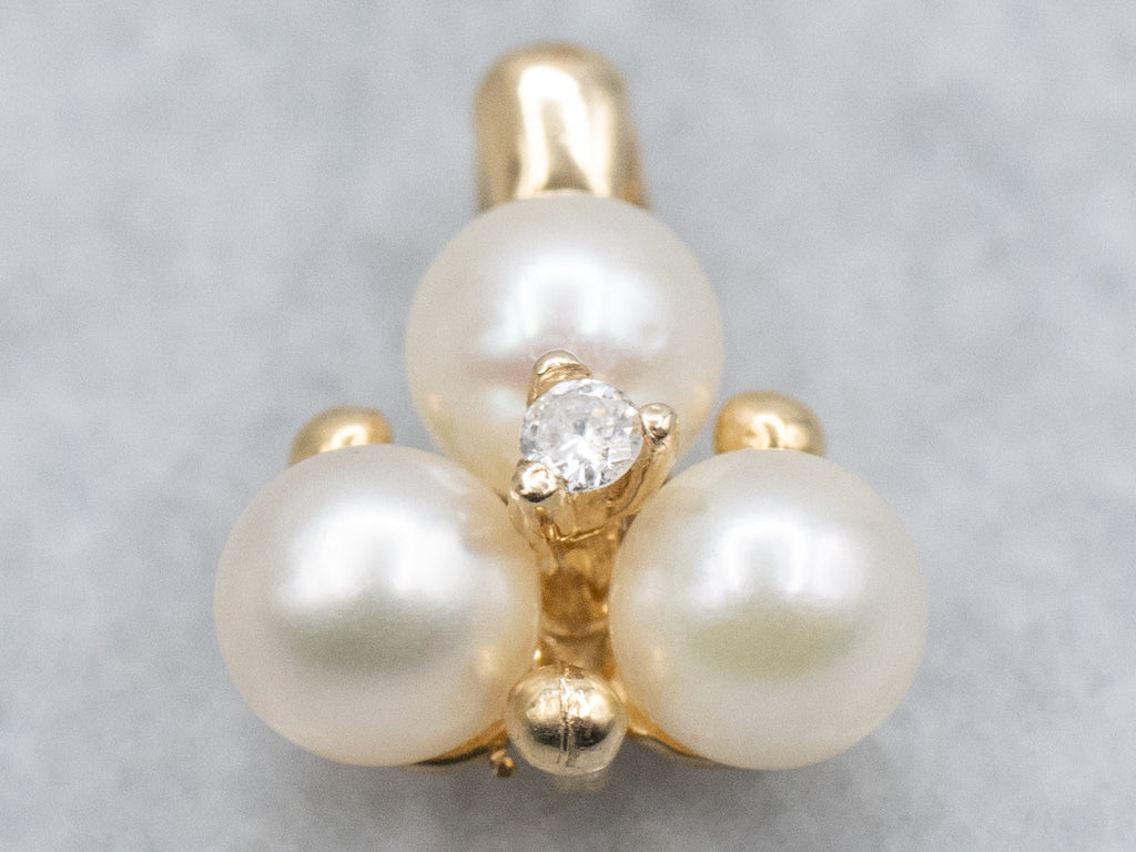 Triple Saltwater Pearl and Diamond Yellow Gold Pendant