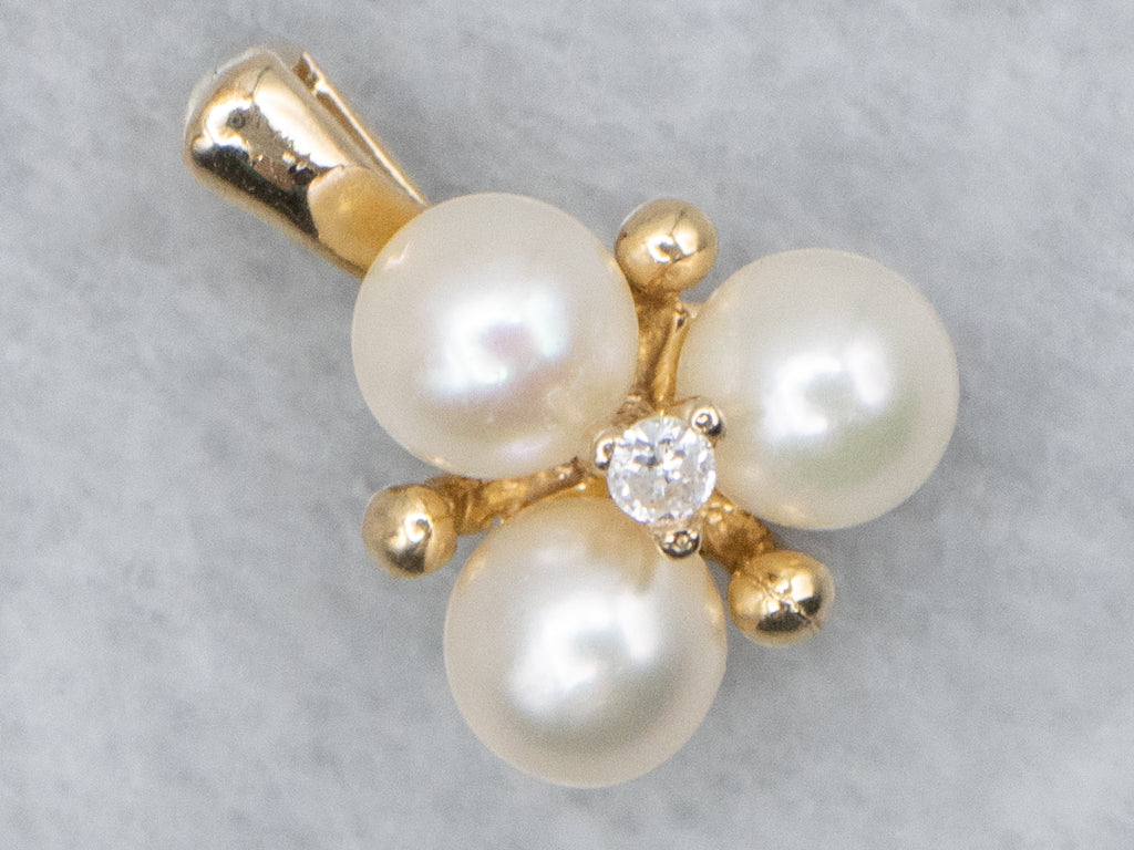 Triple Saltwater Pearl and Diamond Yellow Gold Pendant