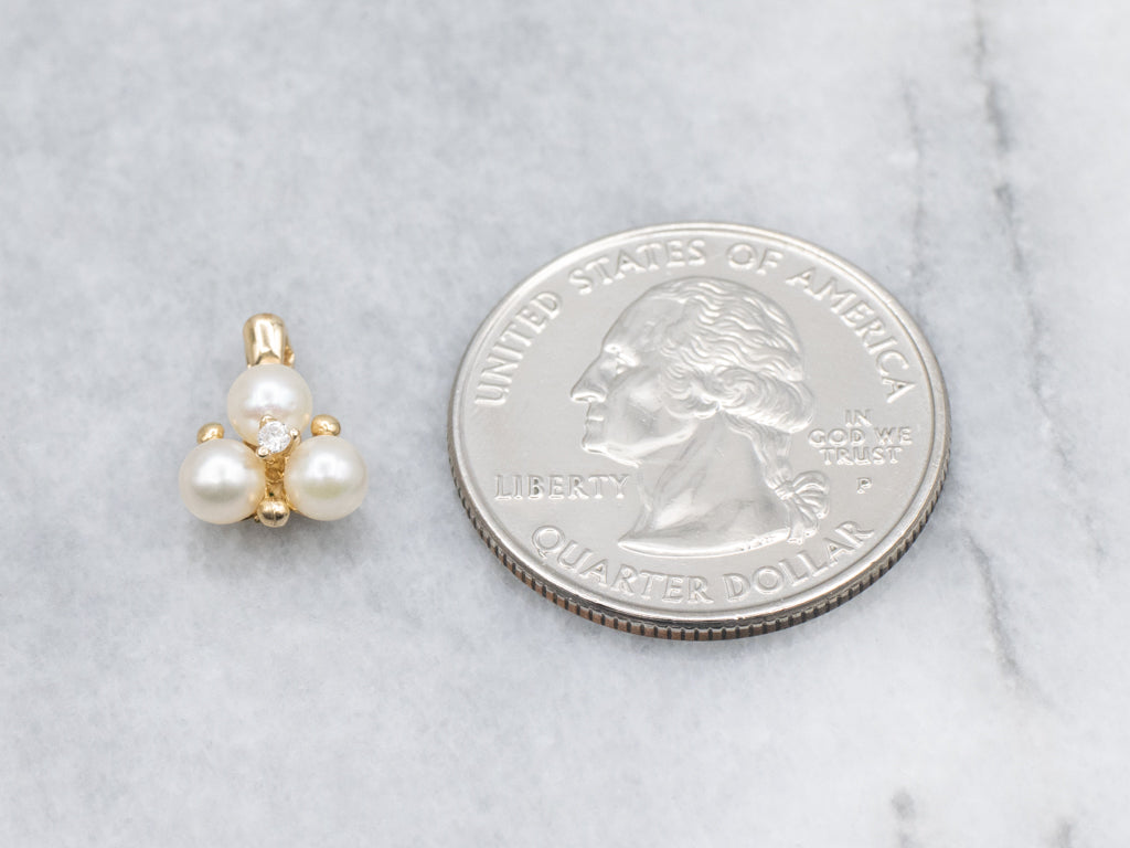 Triple Saltwater Pearl and Diamond Yellow Gold Pendant