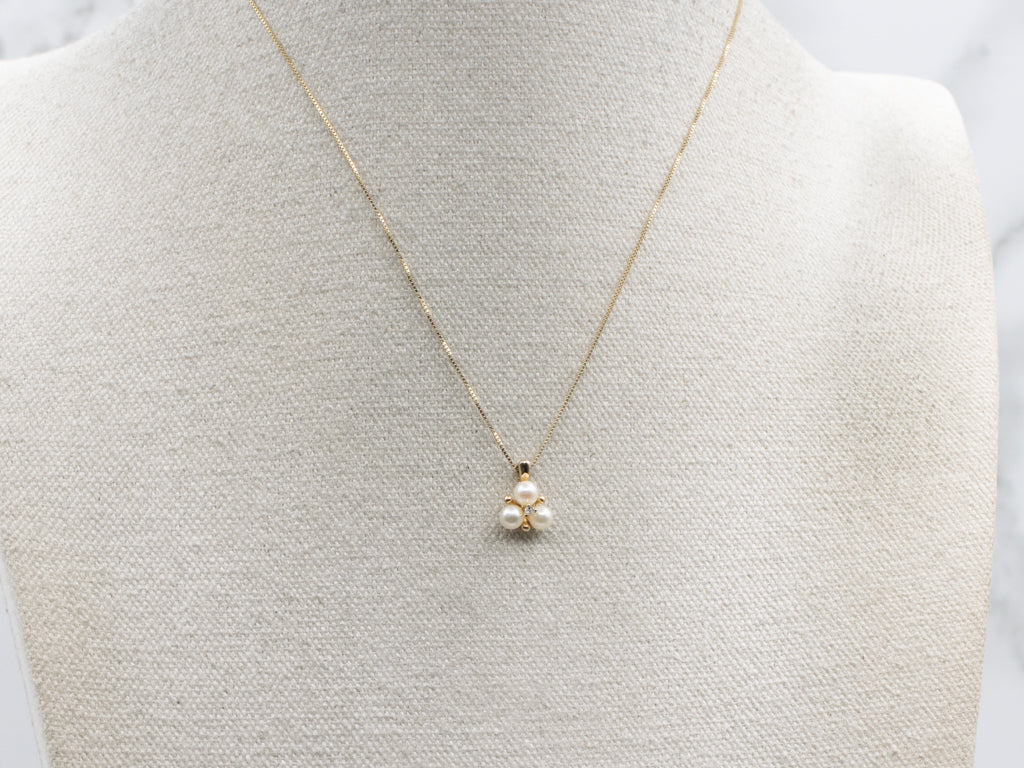 Triple Saltwater Pearl and Diamond Yellow Gold Pendant