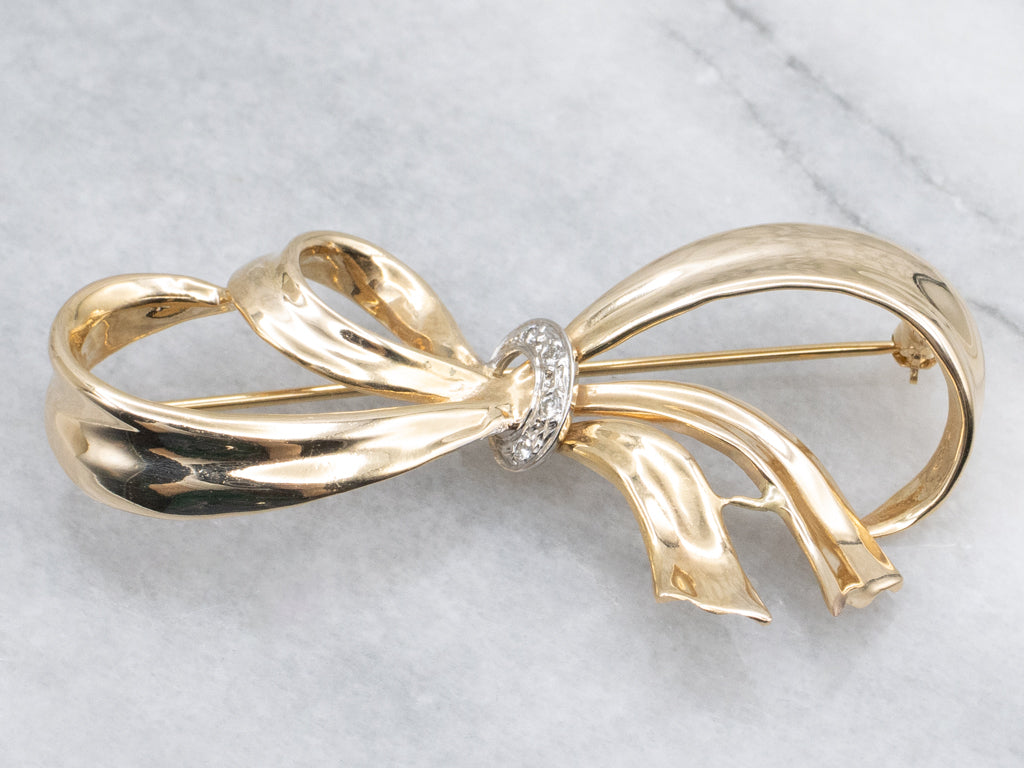 Vintage Two-Tone Gold Looping Diamond Ribbon Brooch